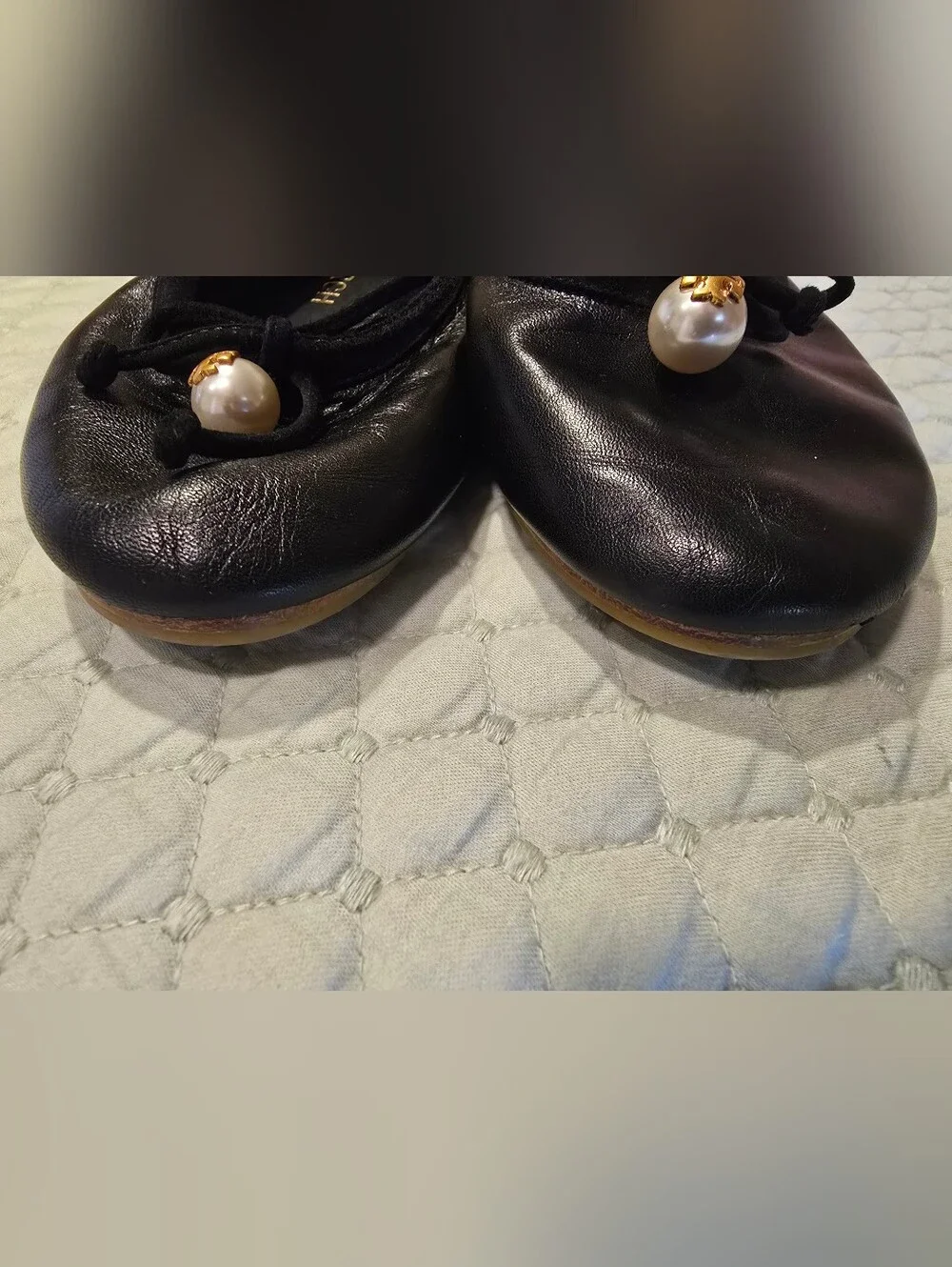 Tory Burch Black Leather Ballet Flats With Pearls Size 6.5
